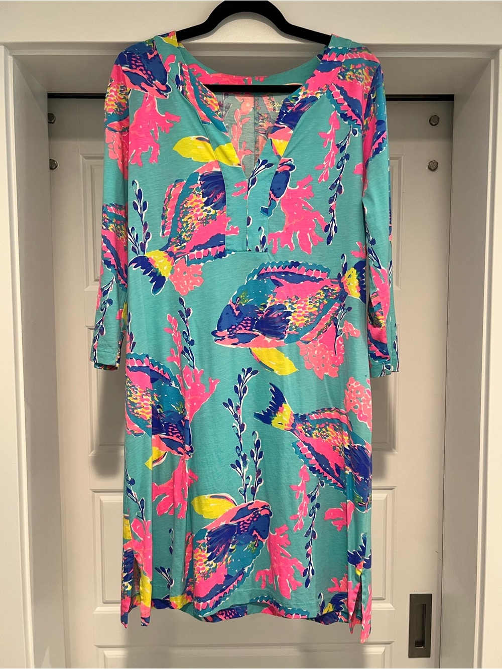 Lilly Pulitzer Turquoise Floral & Fish Print Long Sleeve Shift Dress